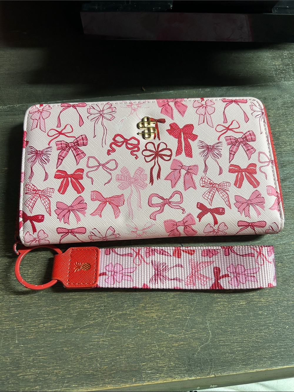 Coach Pink Bow-Print Zip Wallet with Removable Wrist Strap